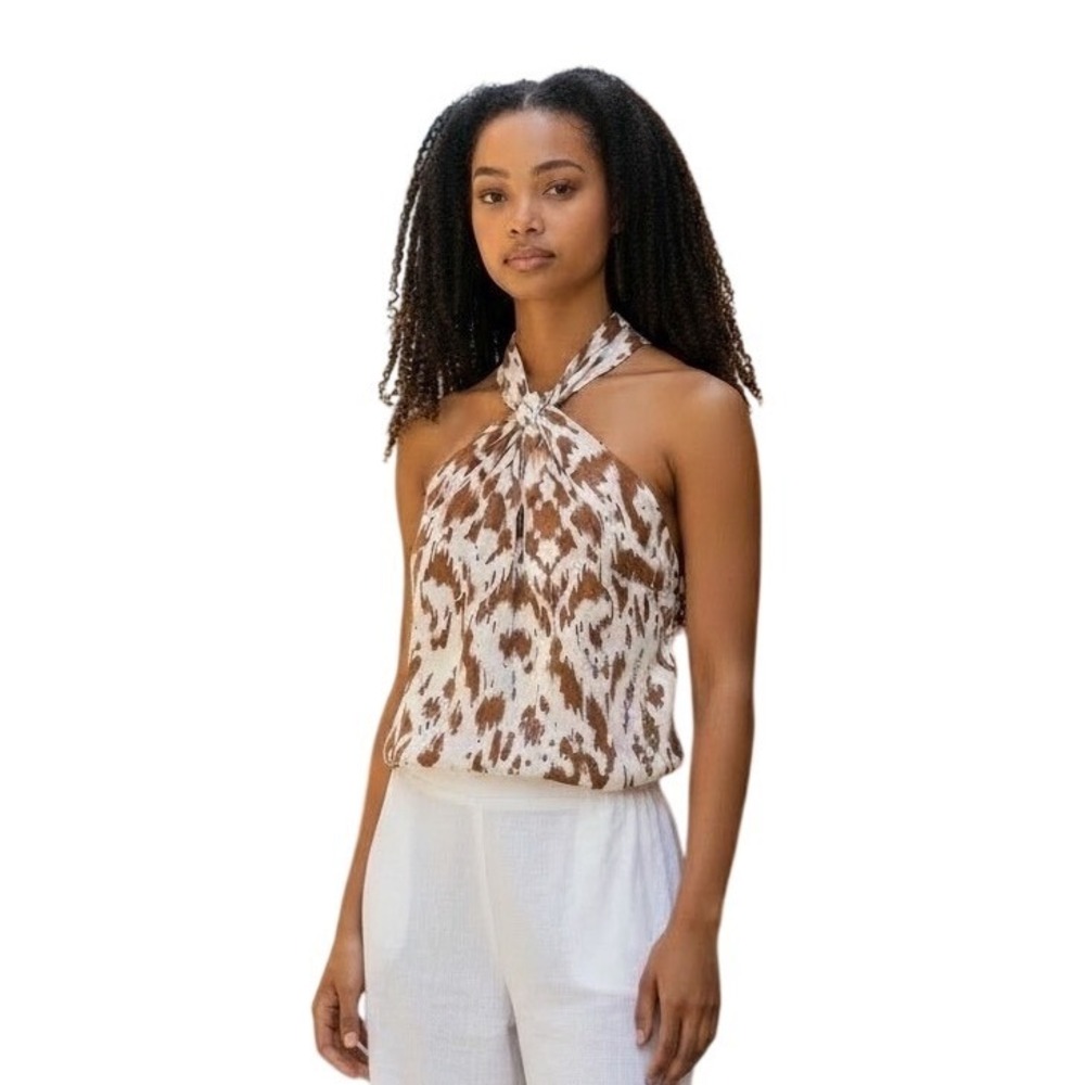 Vince Camuto  MSRP $59 Brown Ikat Animal Print Halter Neck Sleeveless Blouse M